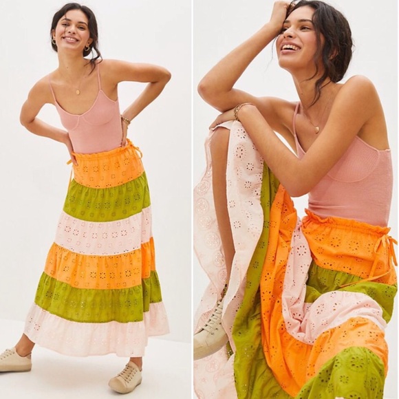 Anthropologie x Hutch Fantine Maxi Skirt Eyelet In Orange S - Picture 2 of 10